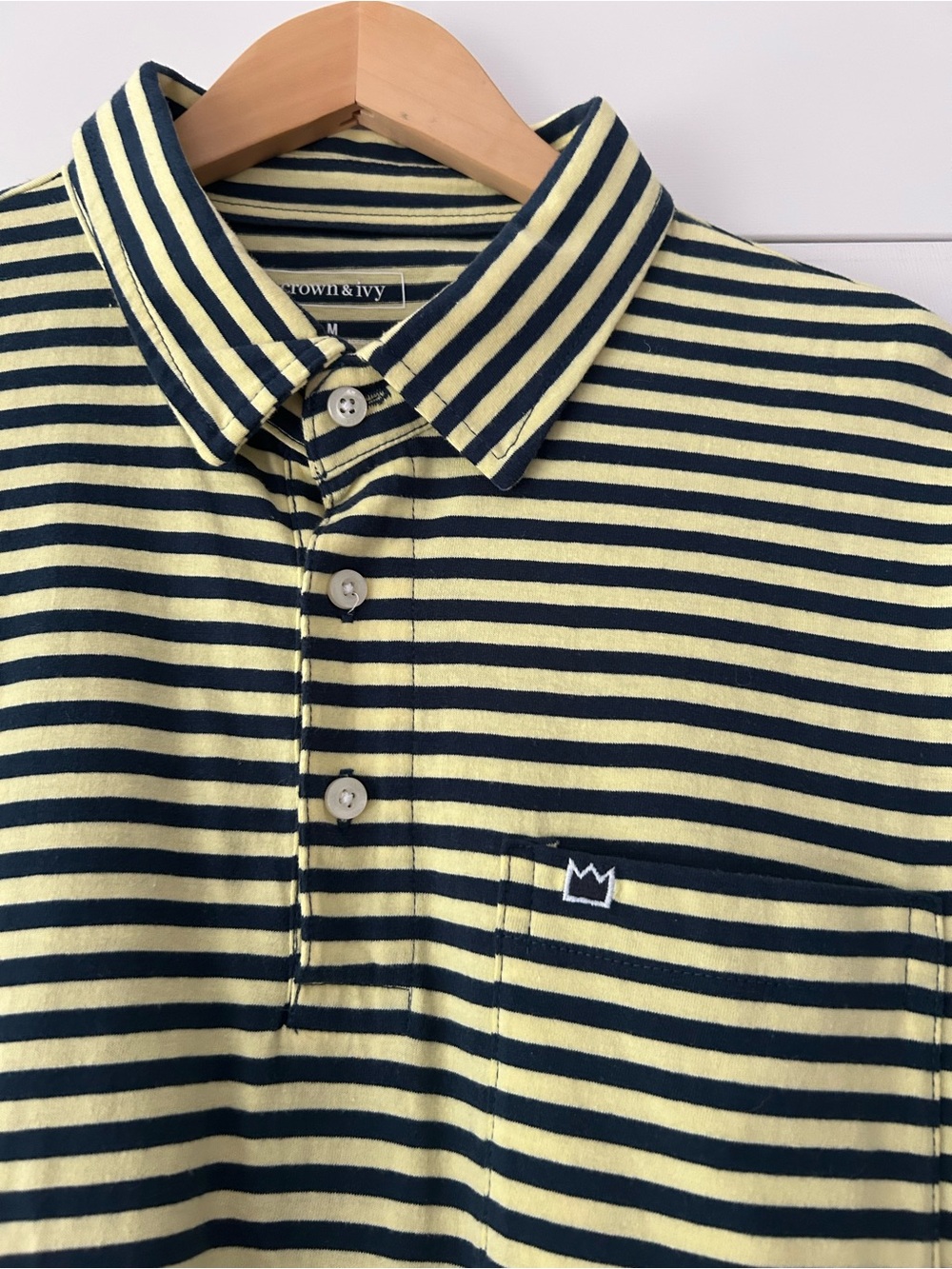 Crown & Ivy Striped Polo Butter Yellow & Navy Preppy Cotton Casual Comfy Golf
